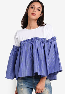 Poplin Stripe Flute Sleeve Top